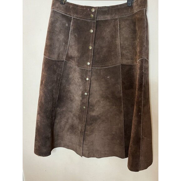 Vtg LEATHERCRAFT Skirt Suede Leather A-Line Snap Front Brown Gilmore Girls - Picture 2 of 7